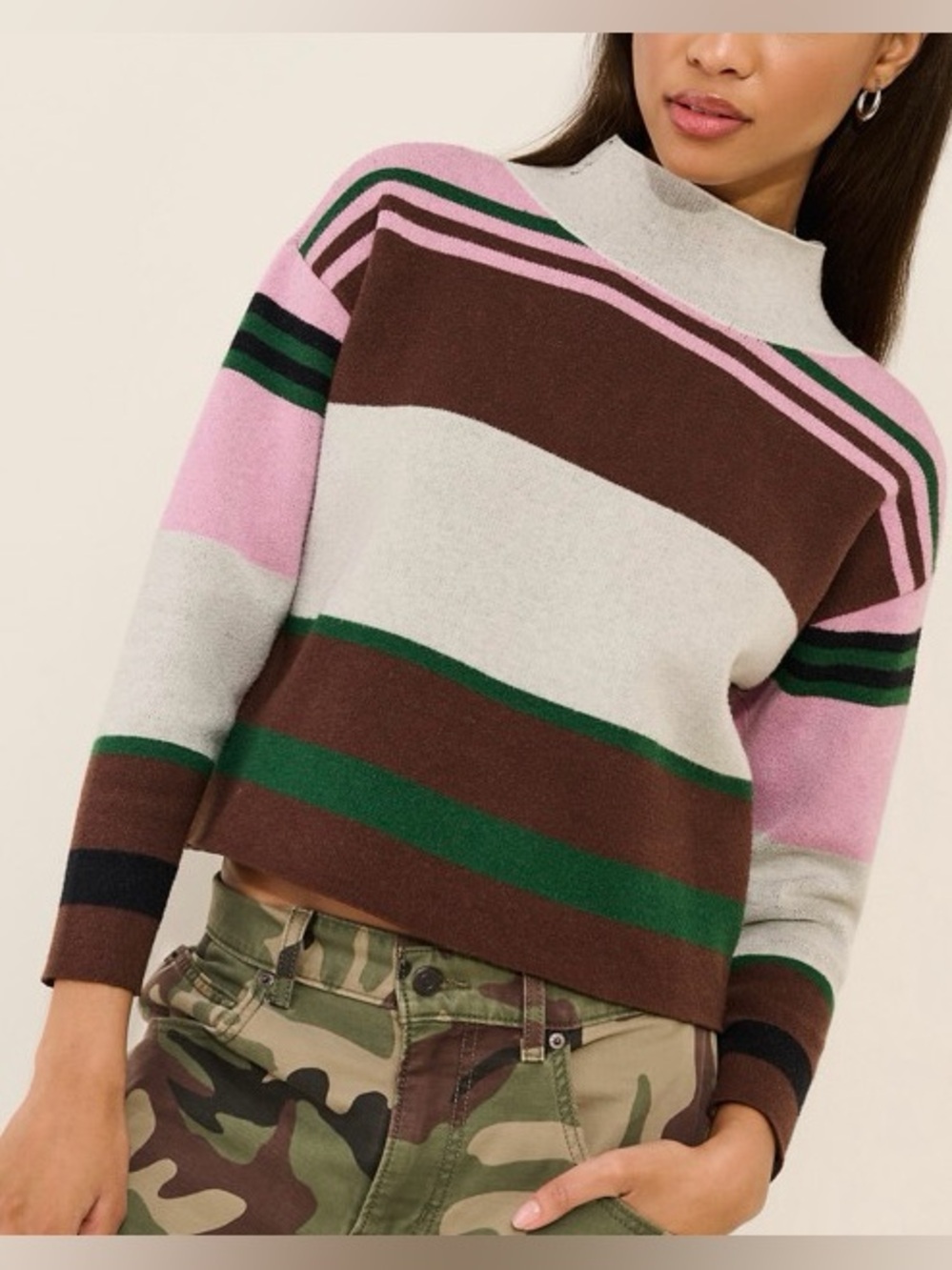 Maeve Anthropologie Carys Mock Neck Sweater Size XS Oversized Pink Brown Gray